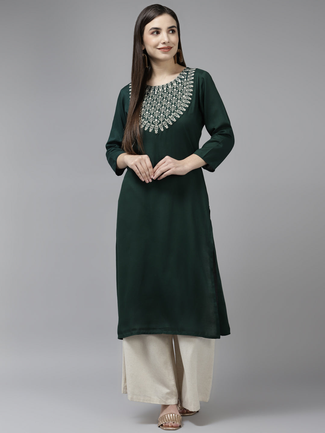 Women's Green Solid Rayon Kurta - Yufta