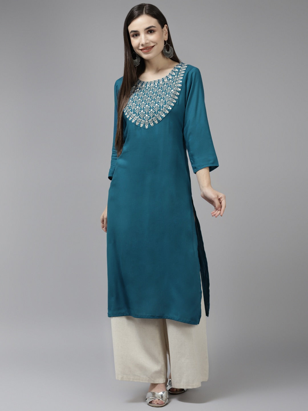 Women's Teal Blue Embroidery Rayon Kurta - Yufta