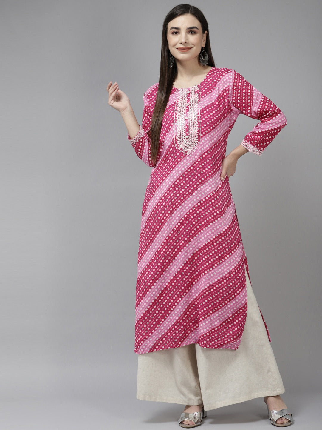 Women's Pink Sequin Work Gotta On Placket Rayon Kurta - Yufta