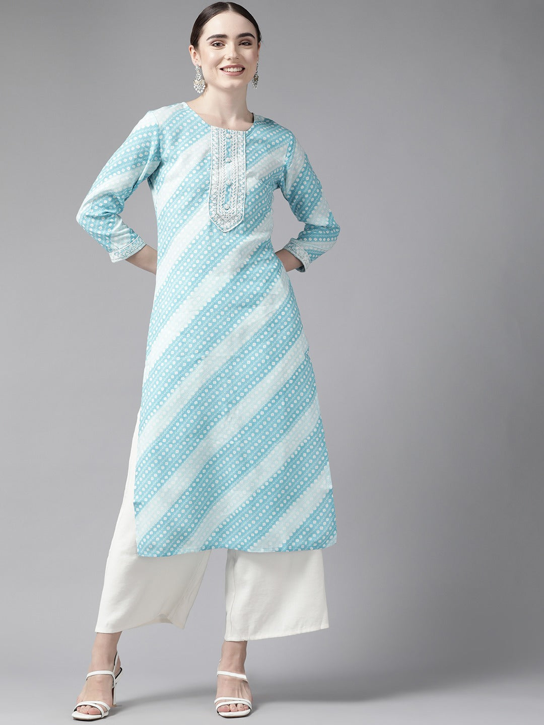 Women's Sky Blue Printed Straight Kurta - Yufta