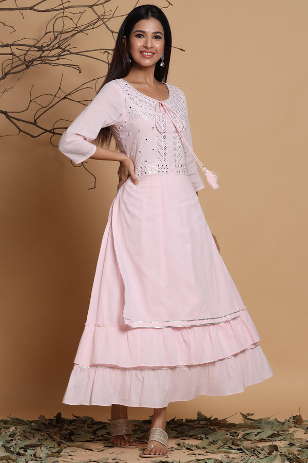 Jashvi Pink Cotton Embroidered Layered Maxi Dress With Dori Tassels