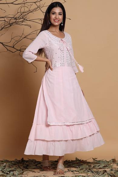 Pink Cotton Mirror Work Layered Kurta Dress With Mask - Juniper