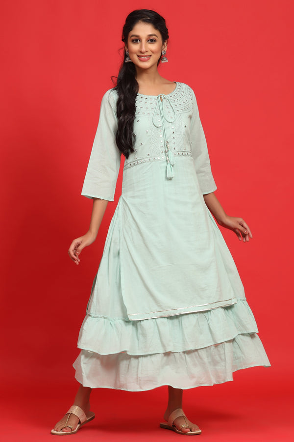 Jashvi Sage Green Cotton Embroidered Layered Maxi Dress With Dori Tassels