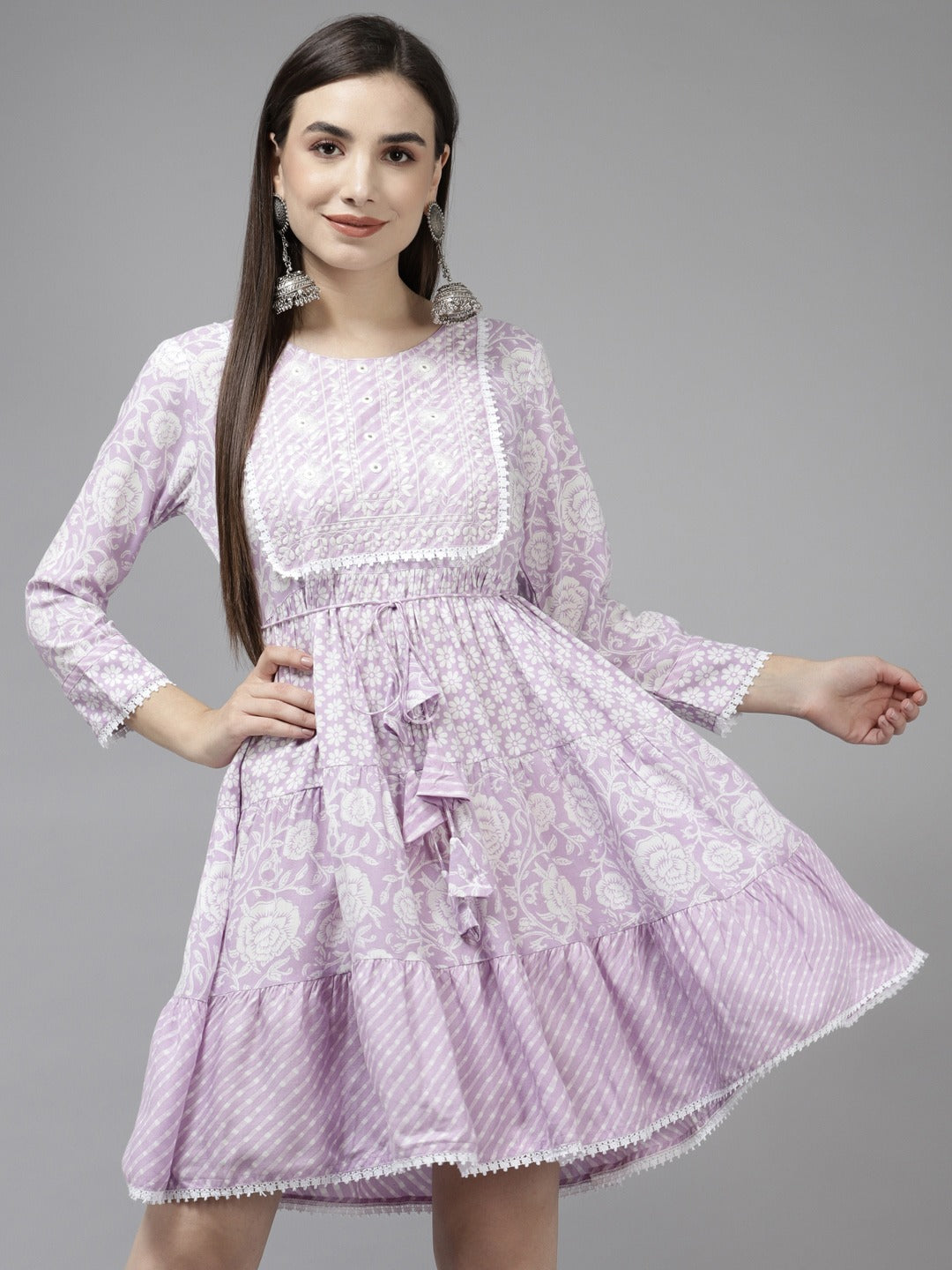 Women's Lavender Rayon Fit And Flare Dress - Yufta