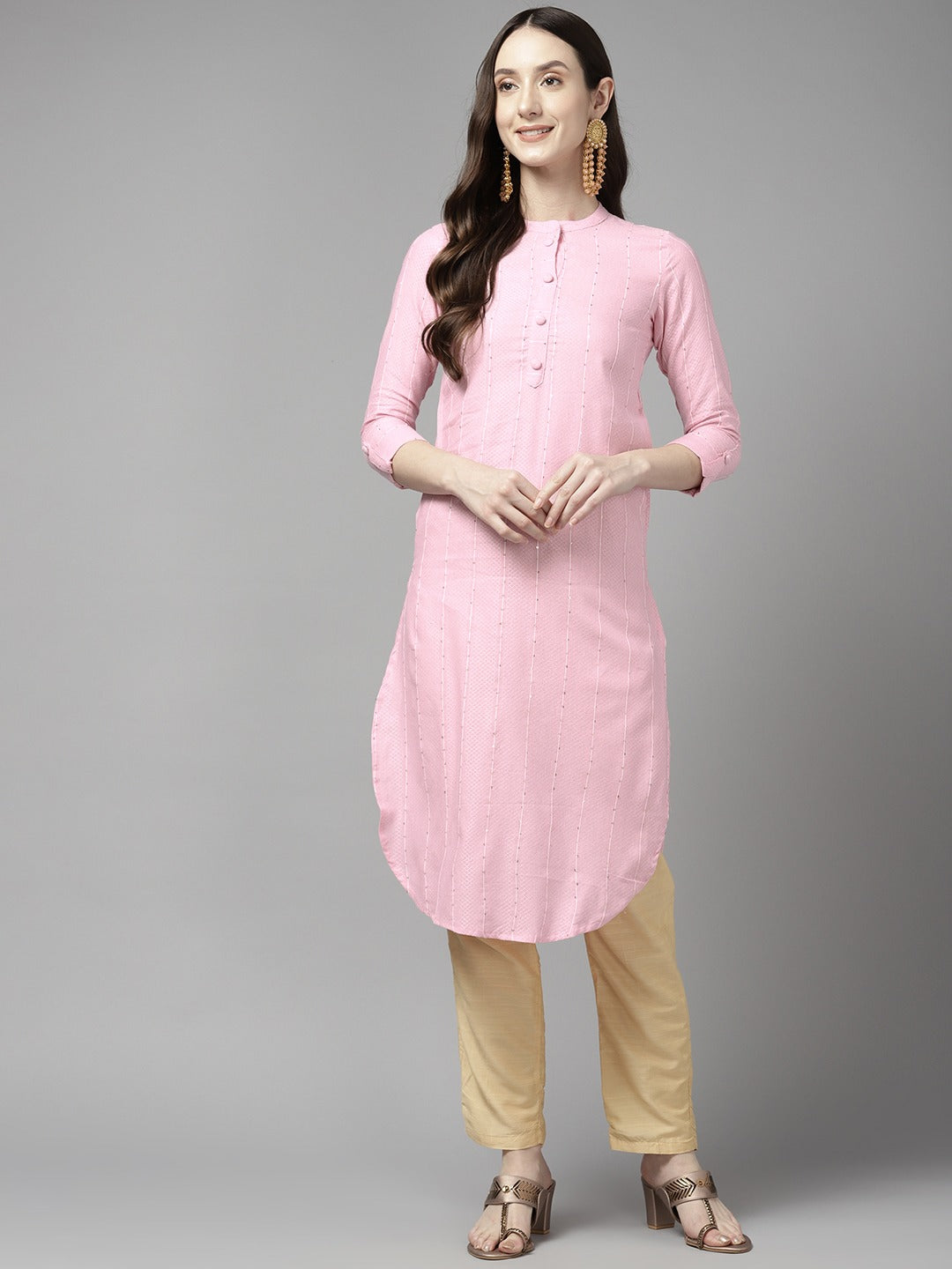 Women's Pink Self Design Straight Kurta - Yufta