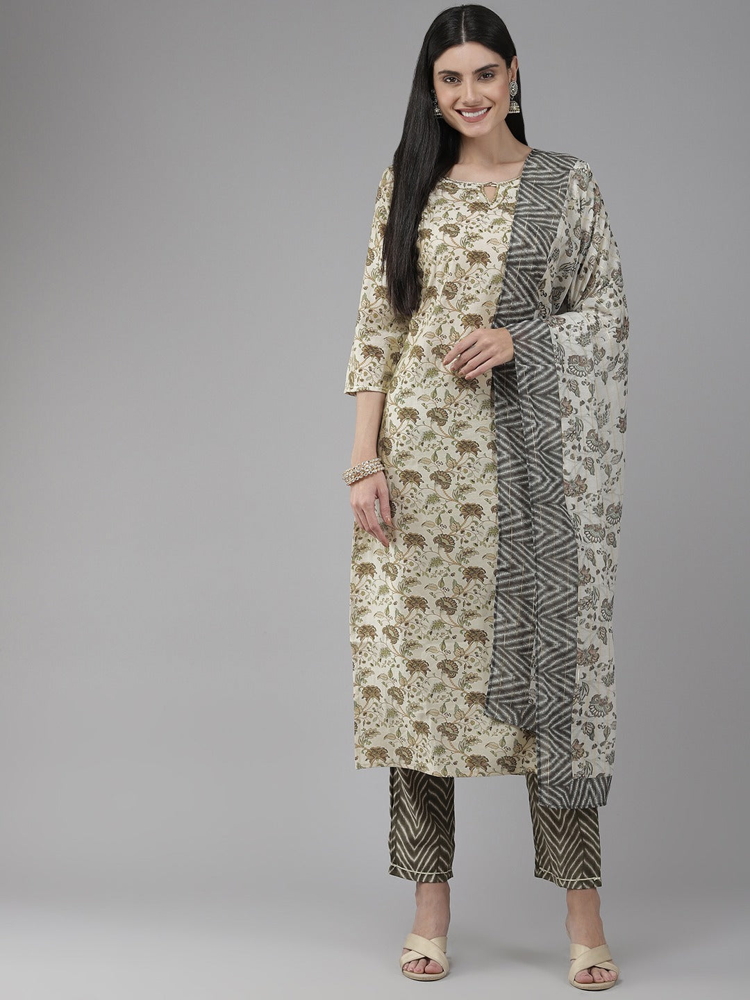 Women's Beige And Olive Sequin Hand Work On Yoke Muslin Kurta With Trouser & Dupatta - Yufta