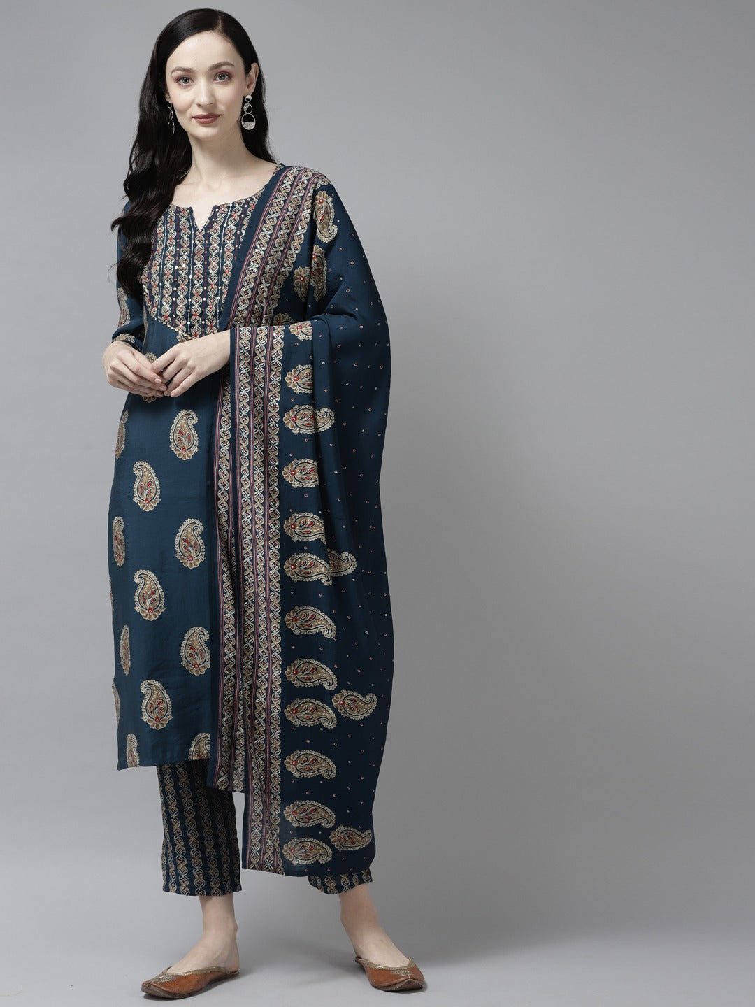 Women's Blue Printed Straight Kurta Trousers And Dupatta Set - Yufta