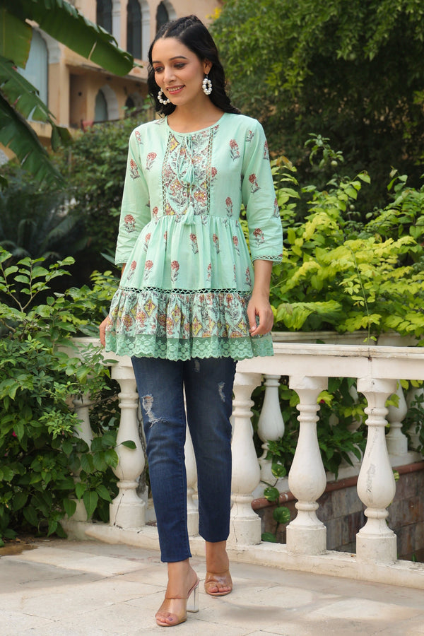 Jashvi Pista Green Floral Printed Pure Cotton Peplum Tunic With Lace