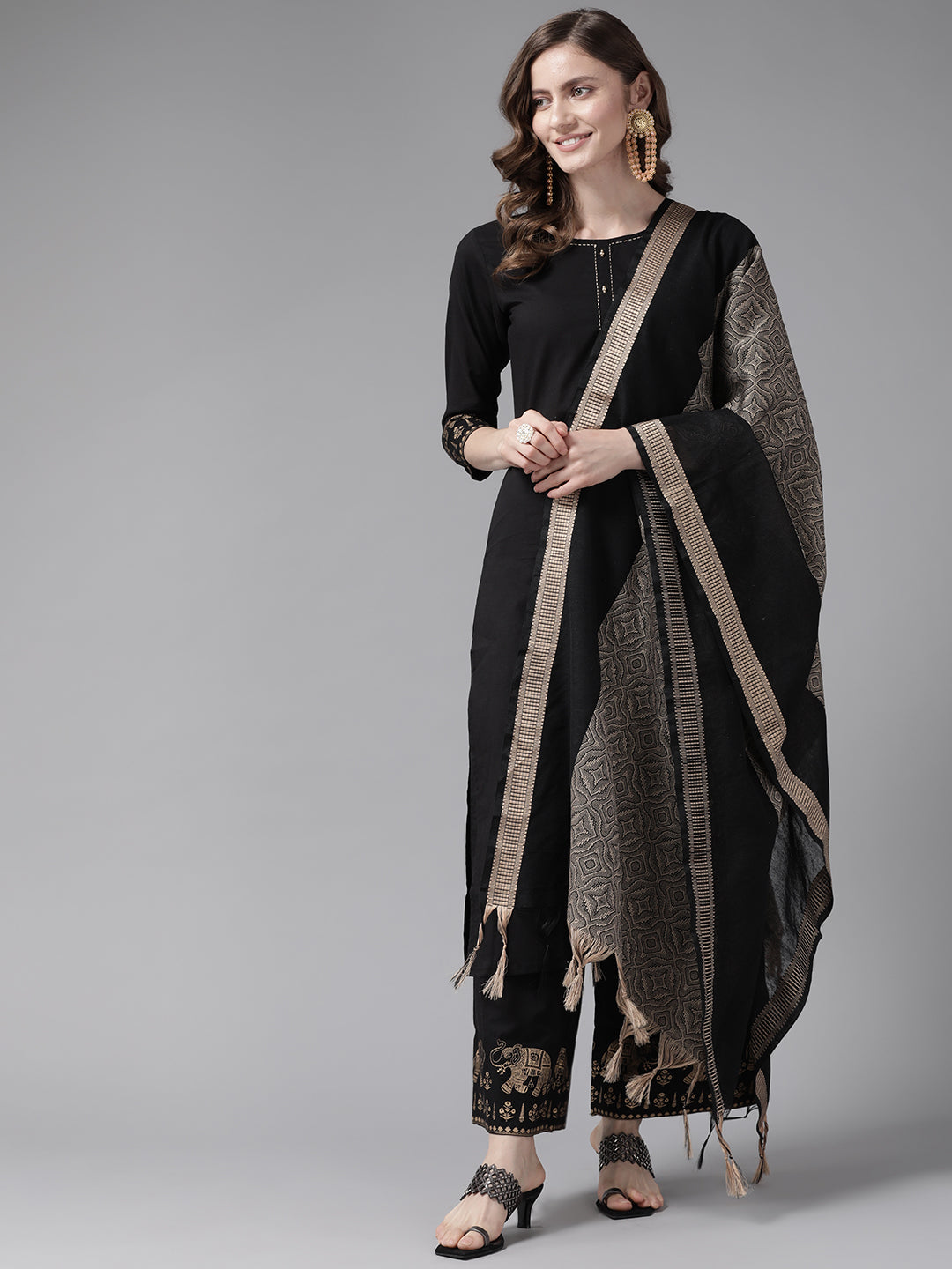 Women's Black & Golden Solid Kurta With Palazzos And Dupatta Set - Yufta