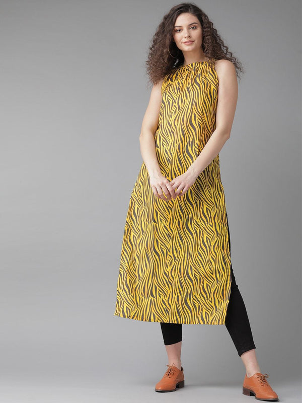 Women's  Yellow & Charcoal Grey Zebra Print Straight Kurta - AKS