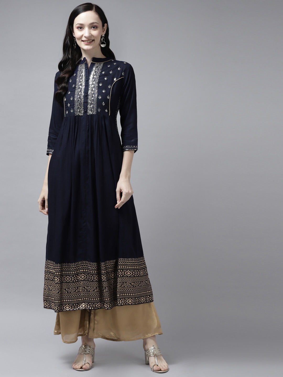 Women's Blue Sequince Zari Embroidery A Line Kurta - Yufta