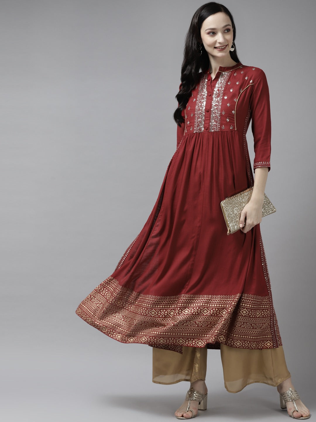 Women's Red Sequince Zari Embroidery A Line Kurta - Yufta