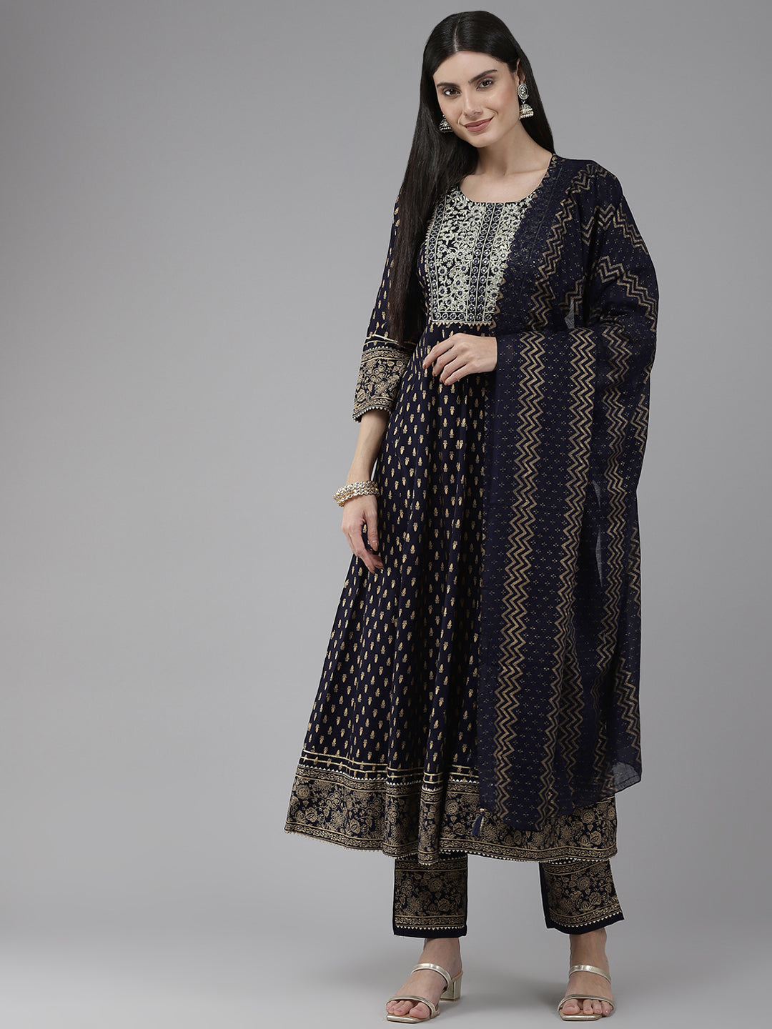 Women's Blue Embroidered Rayon Anarkali Kurta With Trousers & Dupatta - Yufta