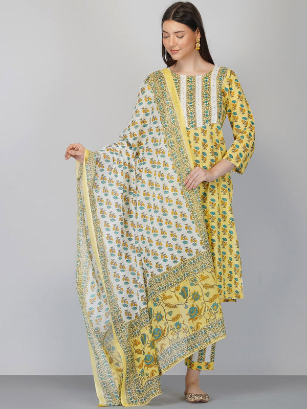 Women's Yellow Ethnic Motifs Printed Pure Cotton Kurta With Trousers & Dupatta - Noz2Toz