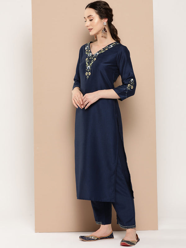 Women's Blue Embroidered Straight Kurta Trouser And Dupatta Set - Yufta