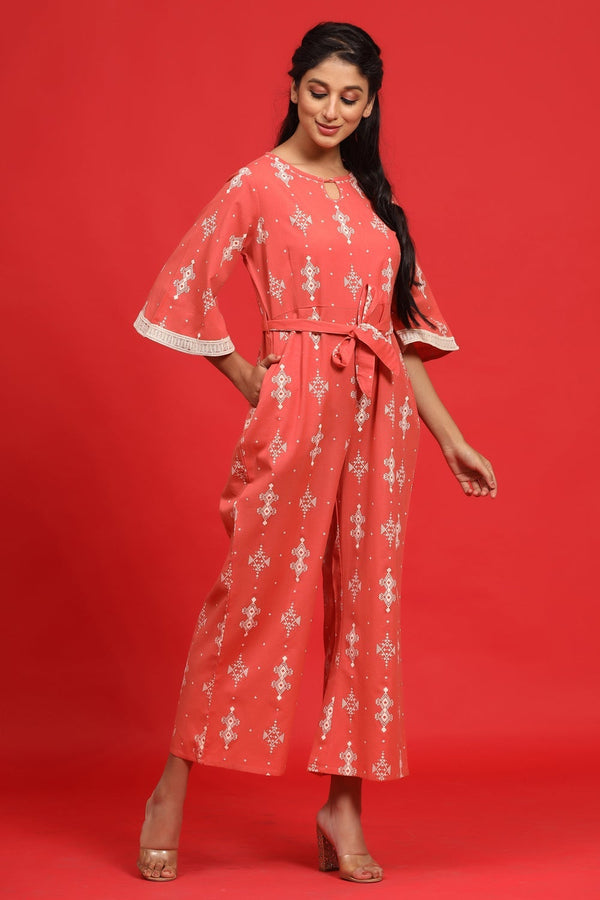 Jashvi Peach Geometric Printed Cotton Flex Jumpsuit With Zip Closure