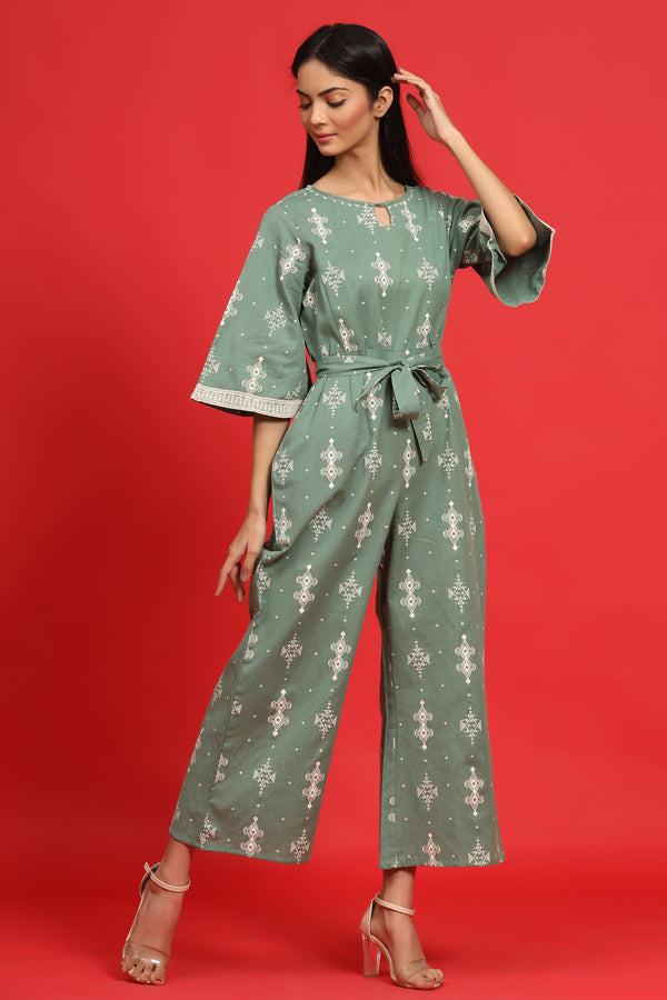 Jashvi Sage Green Geometric Printed Cotton Flex Jumpsuit With Zip Closure