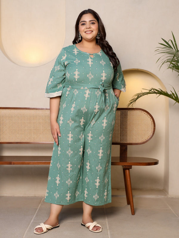 Jashvi Sage Green Geometric Printed Cotton Flex Jumpsuit With Zip Closure