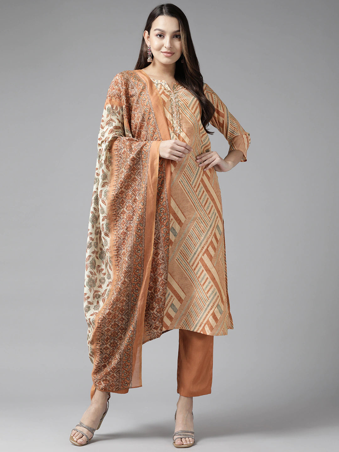 Women's Beige And Brown Zari,Sequin Kurta With Trousers Dupatta Set - Yufta