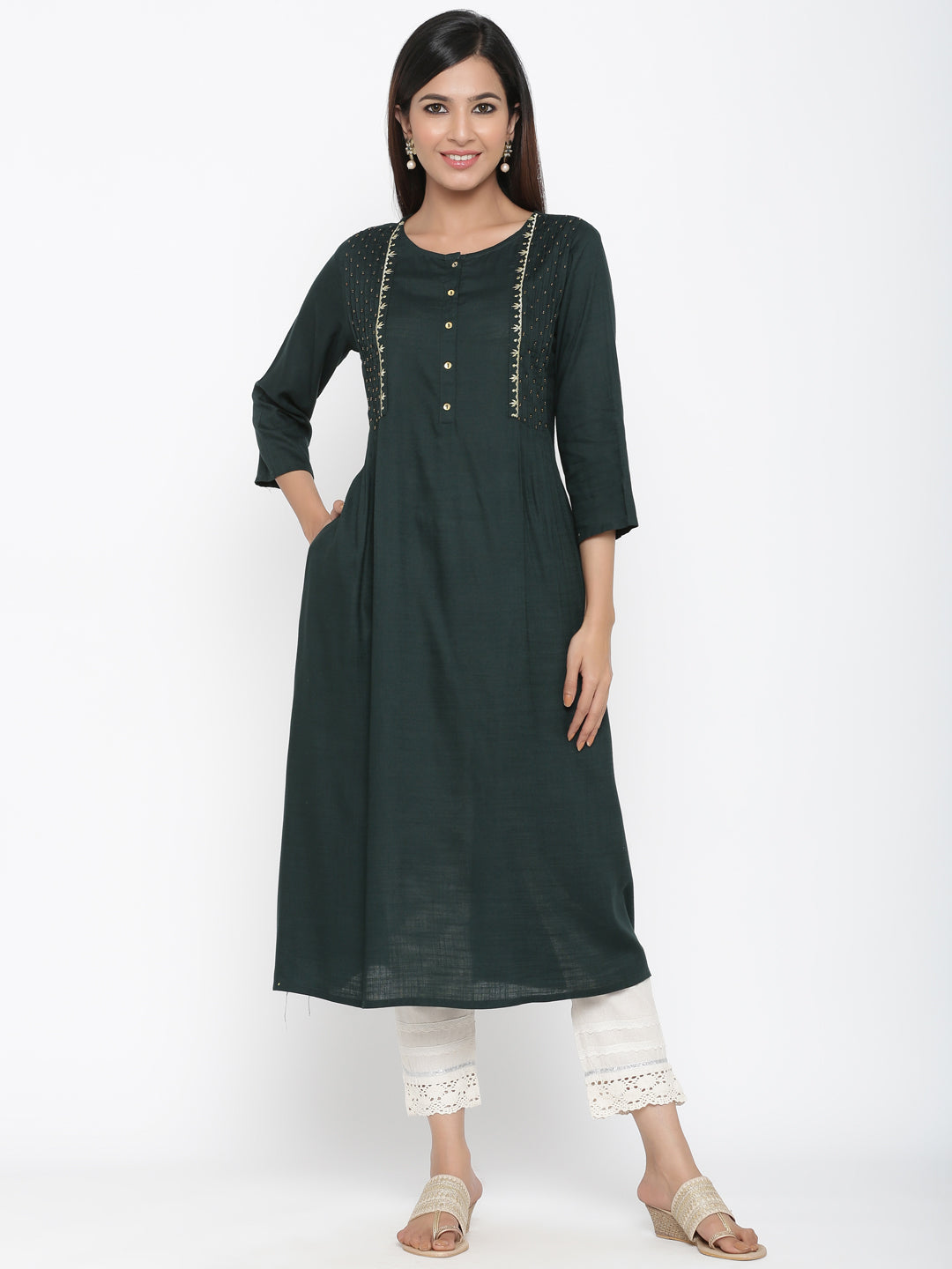 Women's Jadegreen Rayon Slub Embroidered A-Line Kurta  - Juniper