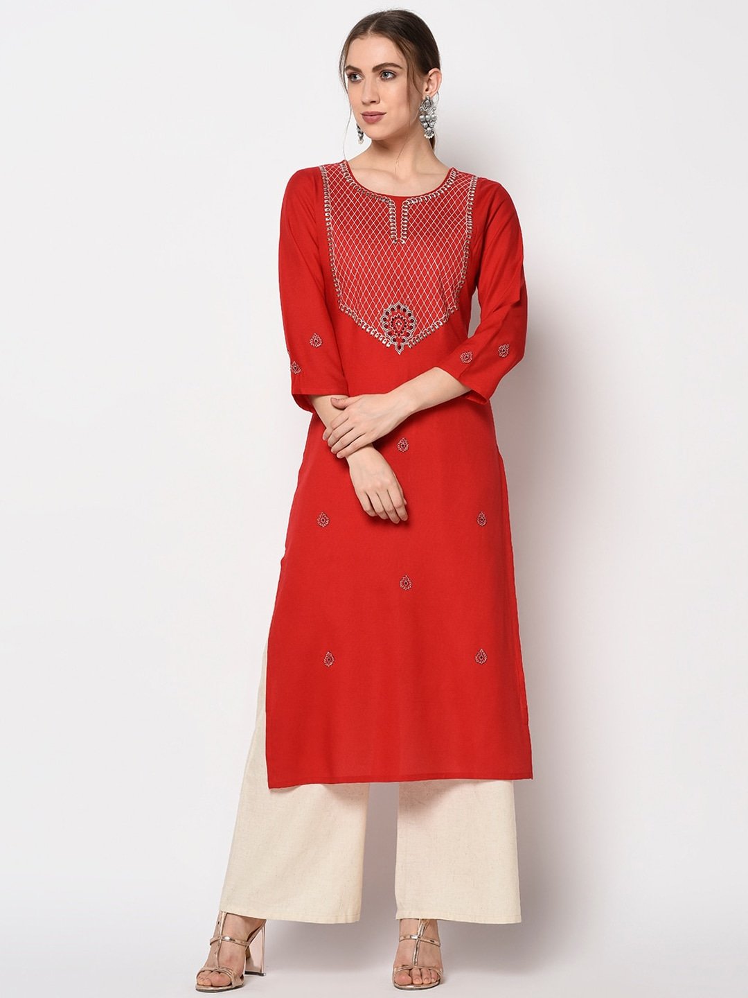 Women's Red & White Embroidered Kurta - Yufta