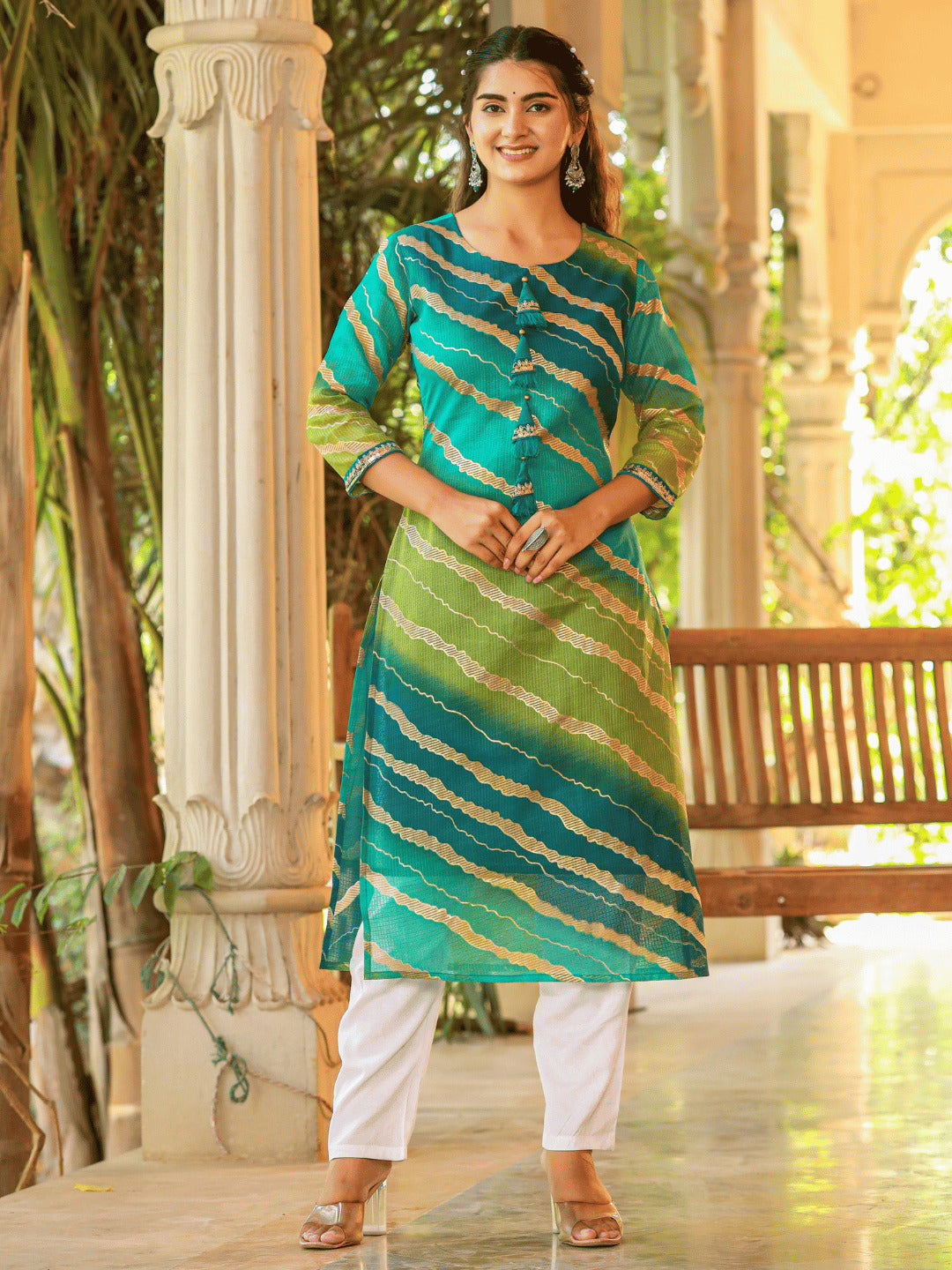 Women's Green Leheriya And Cotton Lining Straight Kurta - Yufta