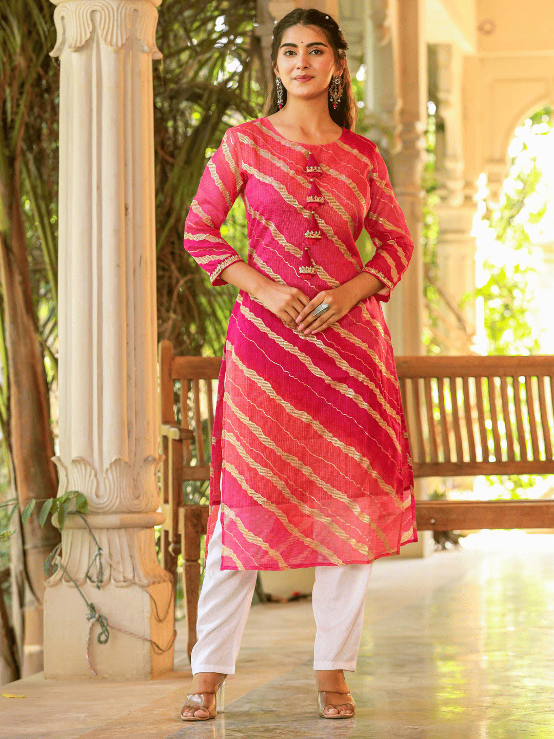 Women's Hot Pink Leheriya And Cotton Lining Straight Kurta - Yufta