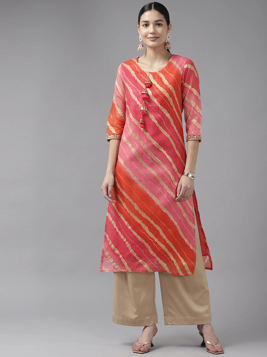 Women's Pink Leheriya Straight Kurta - Yufta