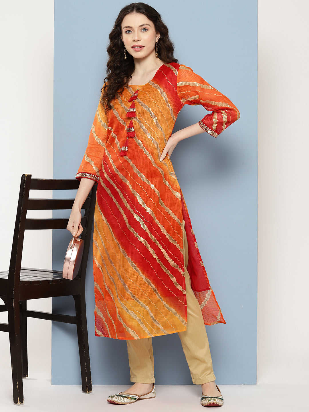 Women's Yellow Leheriya And Cotton Lining Straight Kurta - Yufta