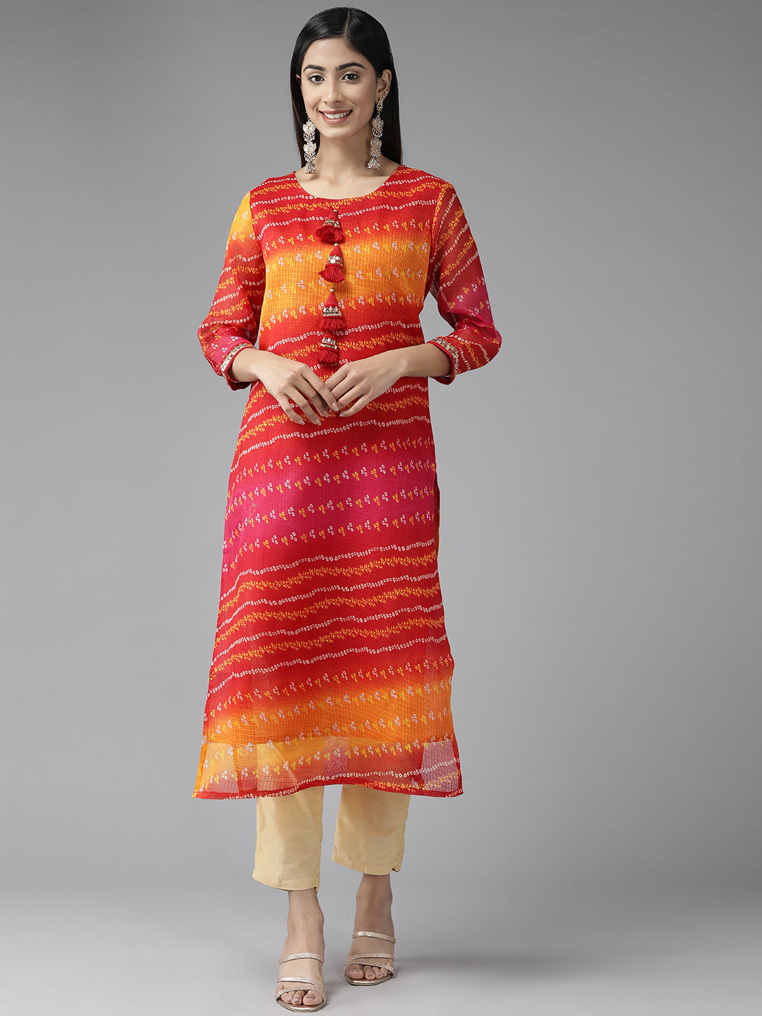 Women's Red Bandhani Straight Kurta - Yufta