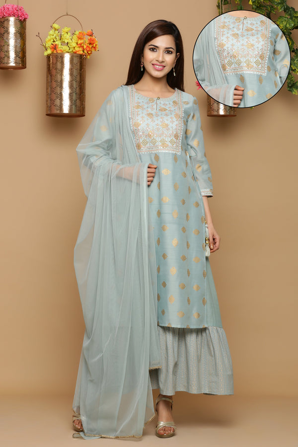 Mint Ethnic Motif Printed & Embroidered Muslin Kurta Palazzo & Net Dupatta Set