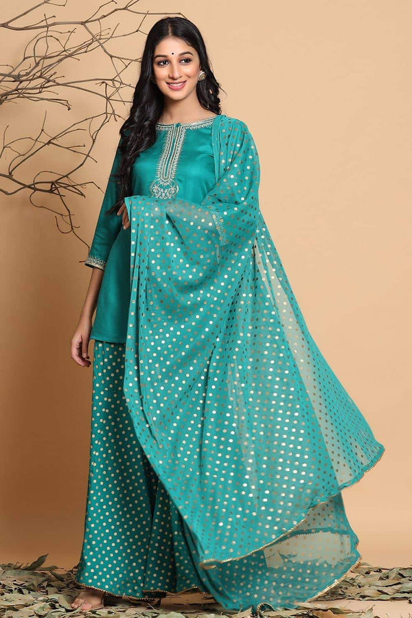 Women's Green Net Polka Print Dupatta - Juniper