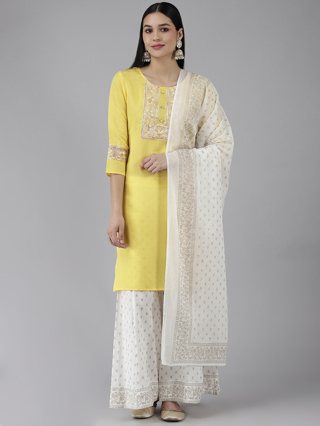 Women's Yellow Solid Straight Kurta Palazzos And Dupatta Set - Yufta