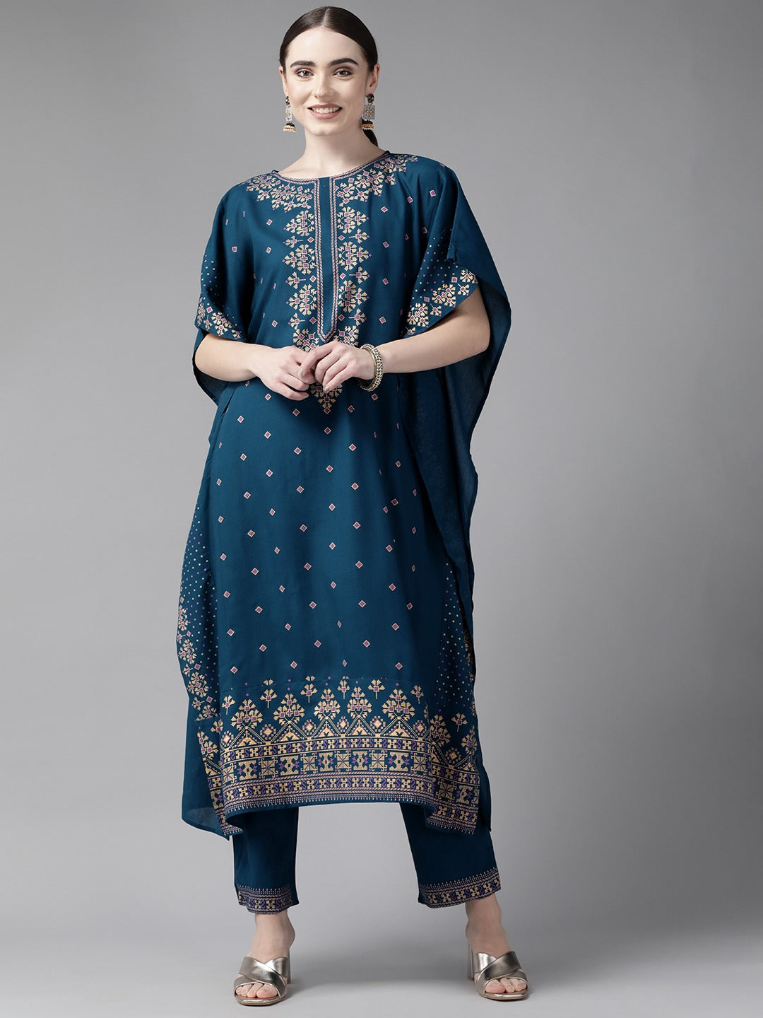 Women's Blue Printed Kaftan Kurta Trousers Set - Yufta