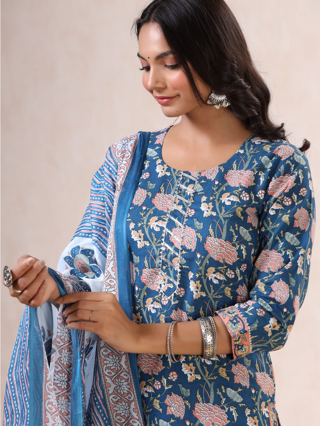 Women's Blue Floral Print Bijia Lace Cotton Kurta With Trousers & Dupatta - Yufta