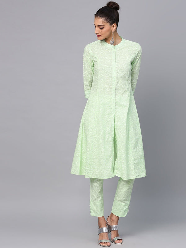 Women's  Green & White Printed A-Line Kurta - AKS