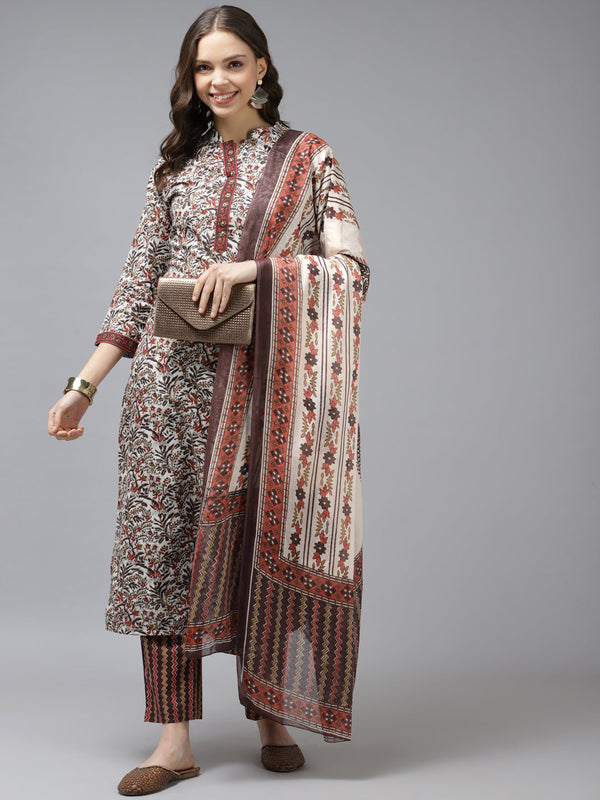 Women's Brown And White Screen Foil Print Cotton Kurta With Trousers & Dupatta - Yufta