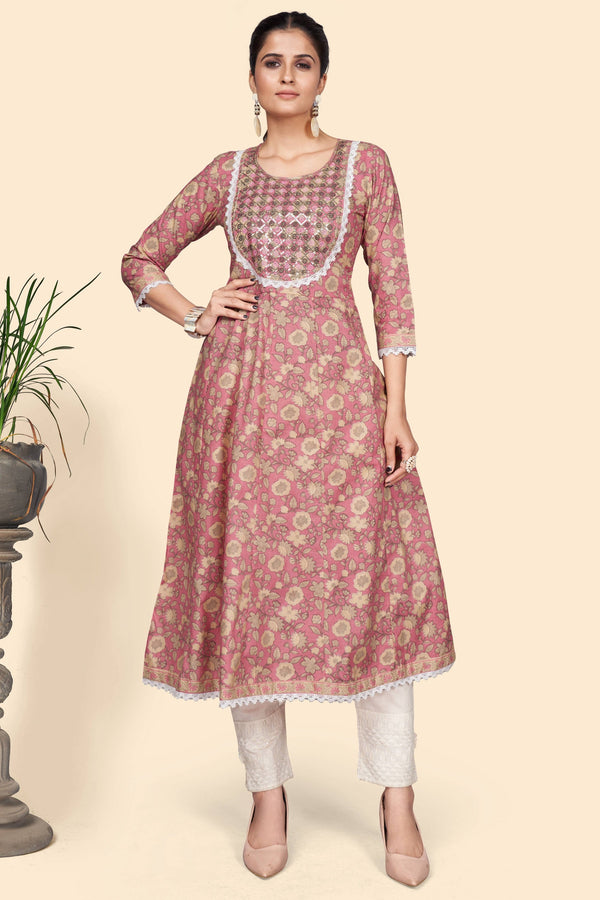 Women's Print & Embroidered A-Line Cotton Pink Stitched Kurta - Vbuyz