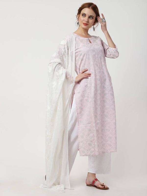 Women's Pink & Cream Cotton Kurta With Chikankari Palazzo - Cheera