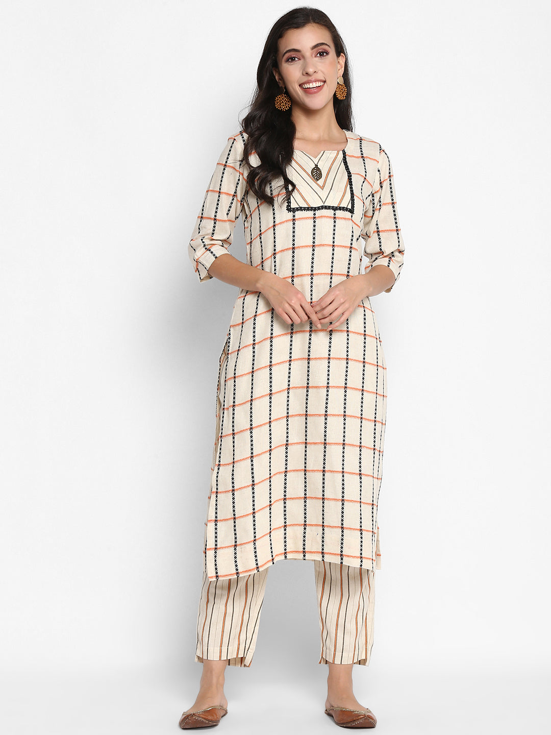 Women's Cream Color Cotton Blend Checked Straight Stripe Printed Kurta pant Set - VAABA