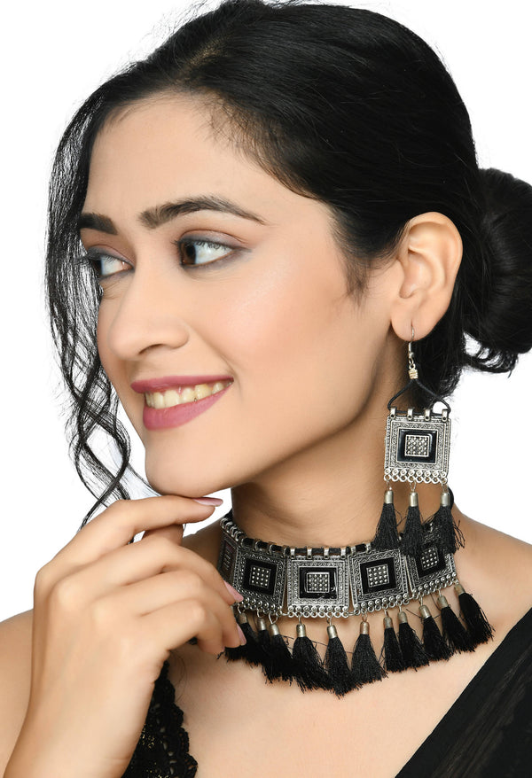 Kamal Johar Choker Necklace Set silver color base with Black yarn design Jkms_136