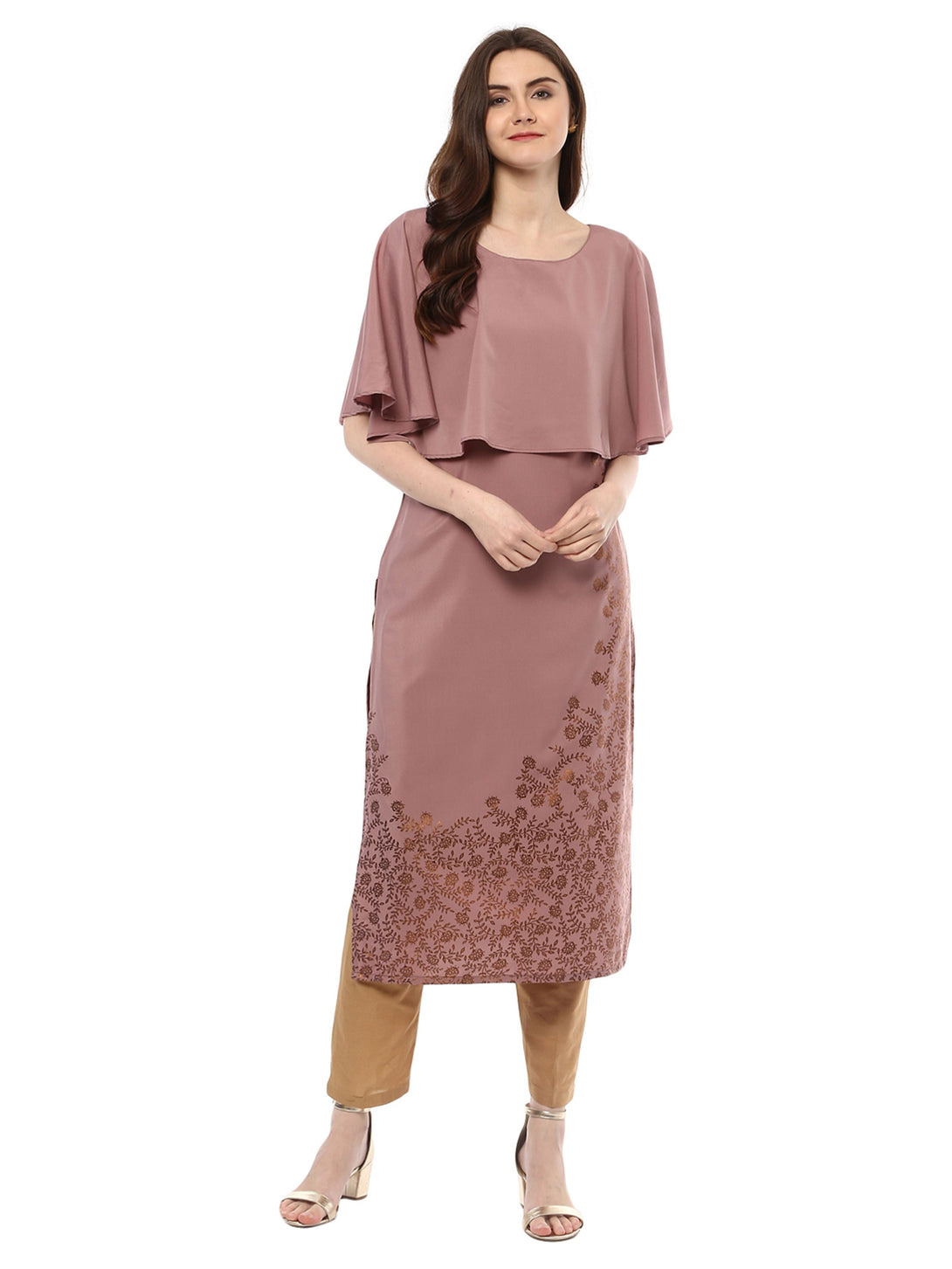 Women's Wine Colour Half Sleeve Crepe Straight Kurta - Ziyaa