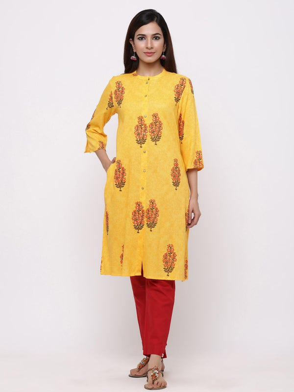 Women's Mustard Rayon Printed A-Line Kurta - Juniper