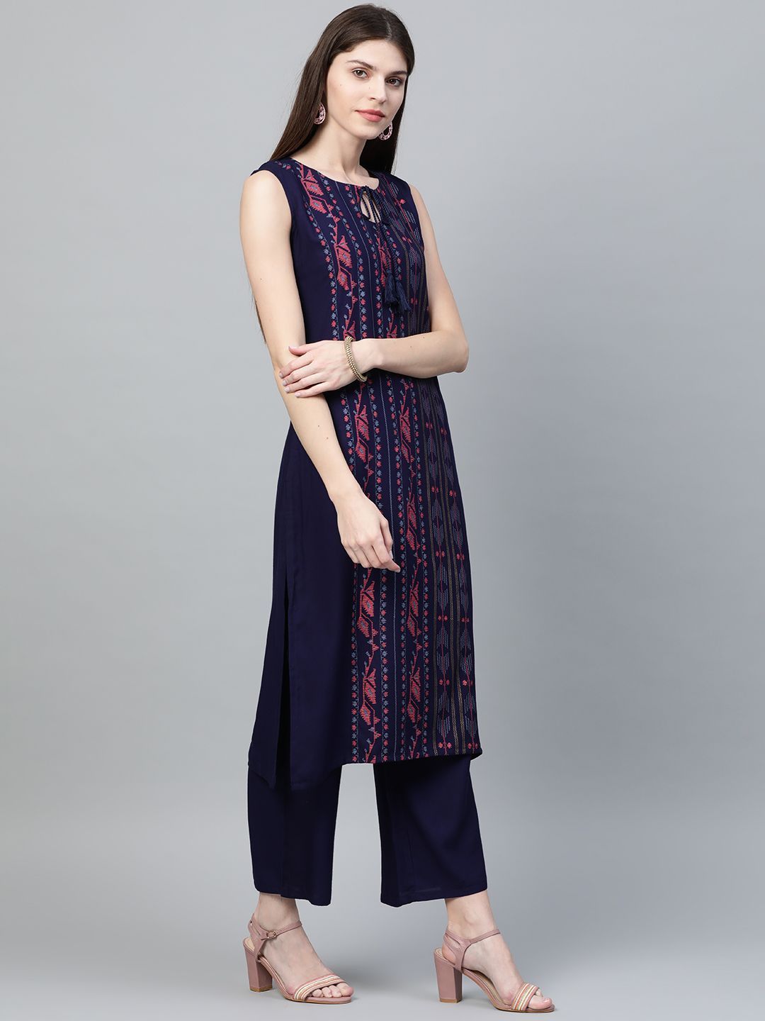 Women's Navy Blue Colour Khadi Print Straight Rayon Kurta - Ziyaa