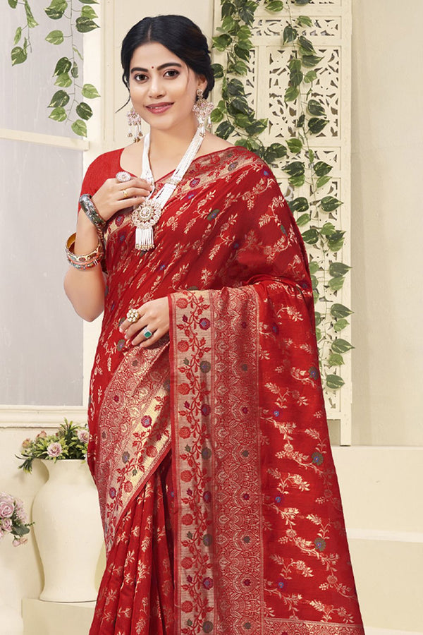 Women's Red Cotton Woven Zari Work Traditional Tassle Saree - Sangam Prints