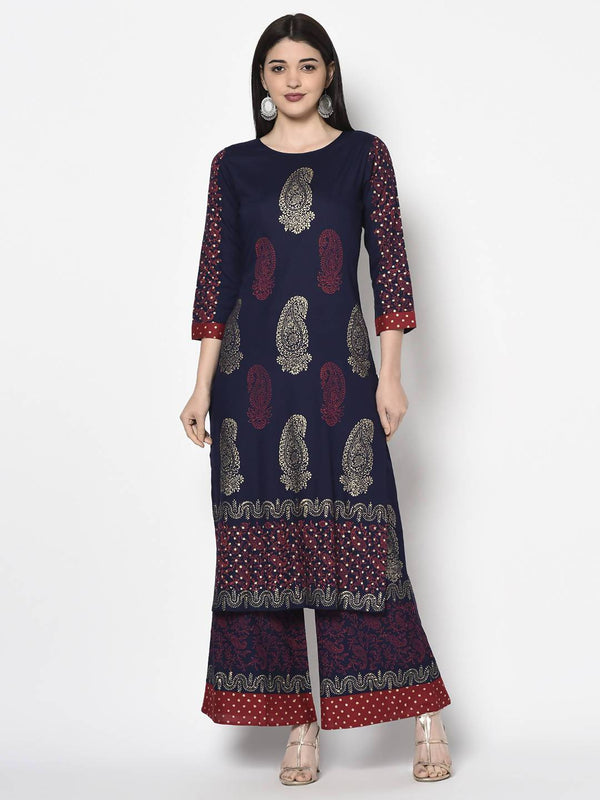 Women's Navy Blue Rayon Block print straight kurta Palazzo set - Aniyah