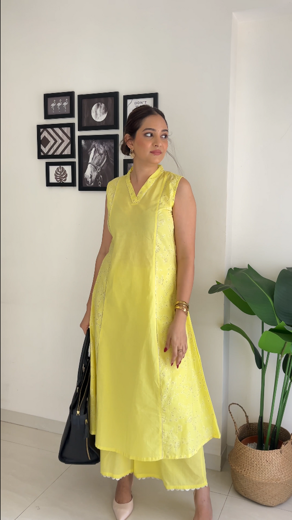 Yellow Printed Pure Cotton Kurta Palazzo Set