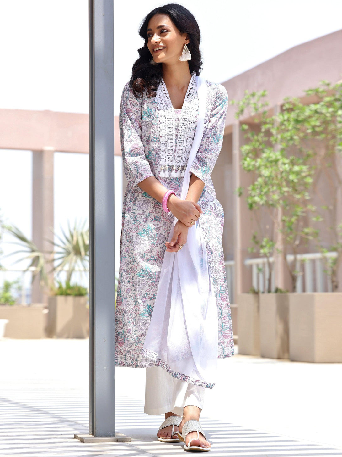 Off White Printed Cotton Straight Suit With Dupatta - Jashvi