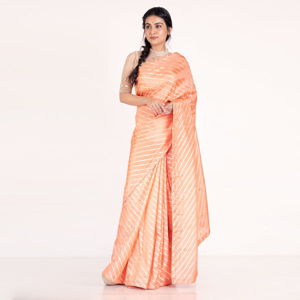 Women's Coral Dola Silk Saree With Diagonal Zari Woven Line With Gota Patti Border - Boveee