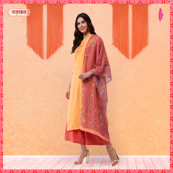 Women's Light Orange Embroidered Quarter Sleeves Kurta With Pants And Digital Printed Dupatta - Pannkh